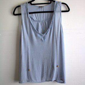 Flowy Blue Split-Back Blouse Top with Lace Detail